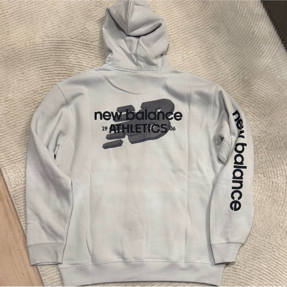 New Balance Light Gray Hoodie with Vertical Sleeve Logo - Picture 2 of 4